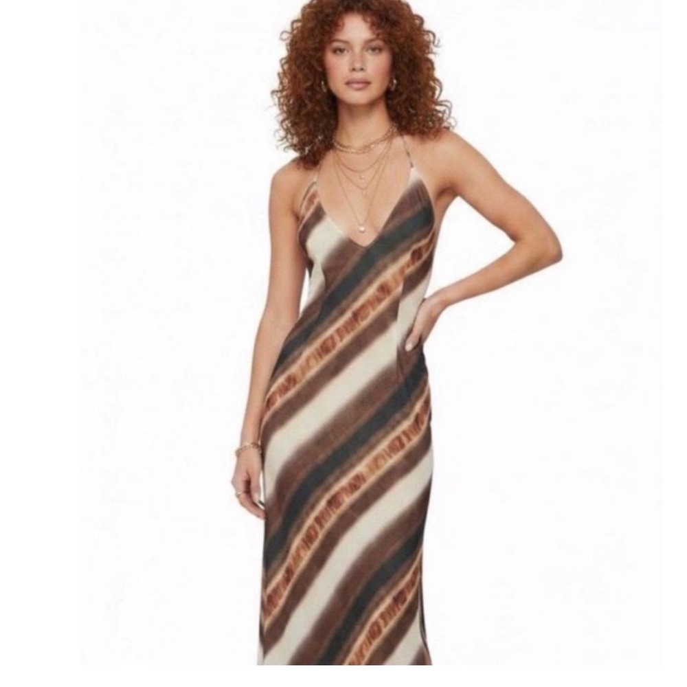 Princess Polly Brown Cream Striped Halter Maxi Dress Open Back US 6